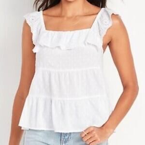 Old Navy Plus Women's Embroidered Tiered Boho Summer Top White Ruffle Sleeveless